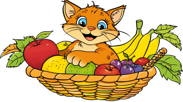 Happy orange cartoon cat in a fruit basket filled with various colorful fresh fruits like apples, bananas, and plums