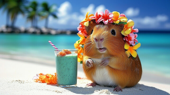 Happy guinea pig on a sunny beach, adorned with a flower crown, next to a vibrant green smoothie and ocean backdrop