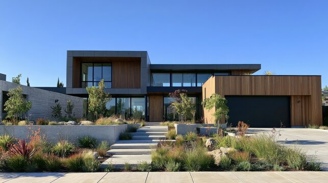 Contemporary two story house features crisp wood panels, concrete walls, and landscaped steps under a clear blue sky.