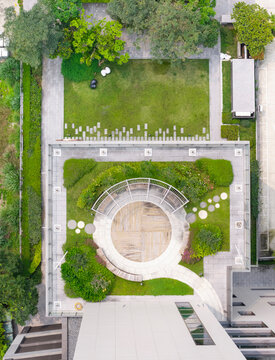Aerial View of Circular Rooftop Garden Deck Design