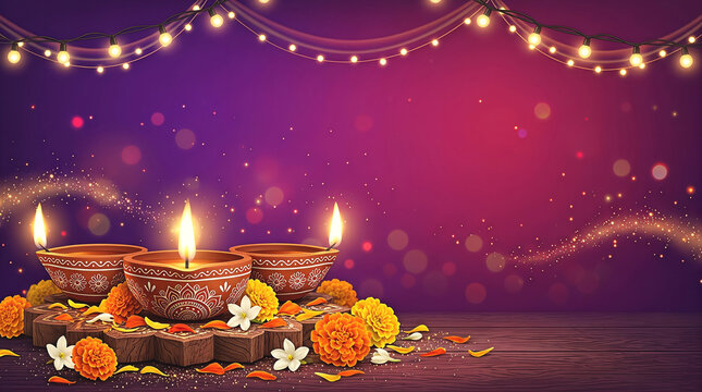 Diwali background with burning diyas, marigold flowers, and copy space on purple festive bokeh background