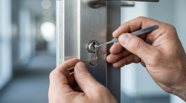 Professional locksmith carefully picking a modern door lock with precision tools in bright daylight
