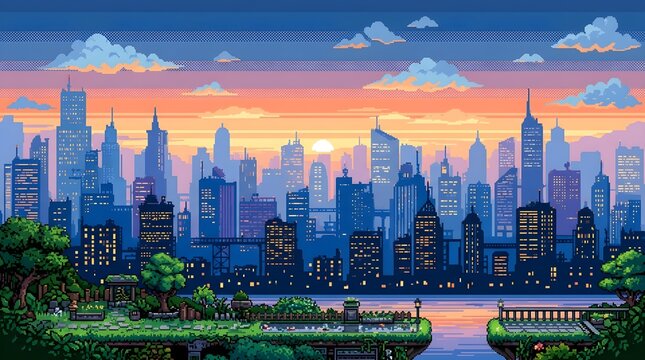 Vibrant pixel art city skyline features glowing skyscraper windows against a beautiful sunset sky with fluffy clouds and lush greenery