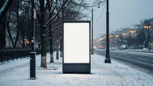 Blank vertical billboard on a snowy city street