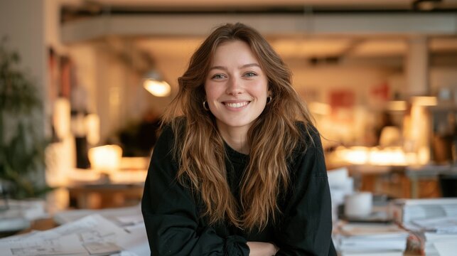 Smiling female architect stands in a warm, warmly lit modern studio workspace surrounded by papers and soft bokeh lighting.
