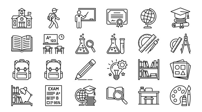 Education, school, and university icons vector set with clean black-and-white line-art symbols for e-learning apps