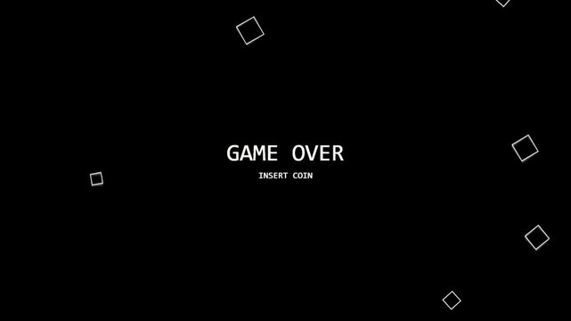 Retro video game screen with game over text and insert coin message on a black background with floating geometric square shapes 4K Motion Video