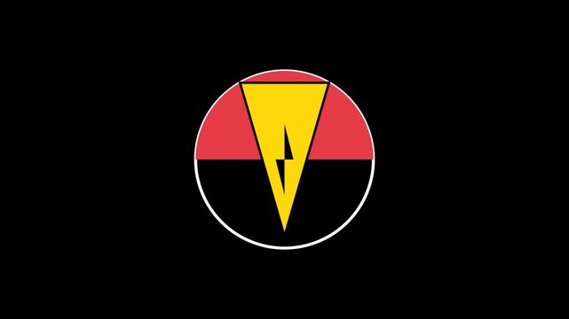 Abstract circular badge with a yellow triangle and a lightning bolt symbol in the center on a black background 4K Motion Video