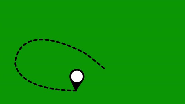 Airplane route dotted line animation, dashed line route with location pins, airplane travel track motion, minimal journey path motion on green background, seamless loop video, 4k animation