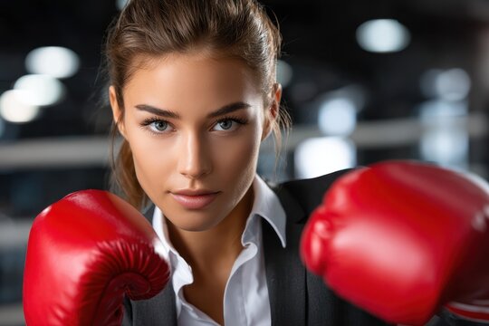 Woman in a formal outfit wearing boxing gloves prepares for a match in an urban gym setting