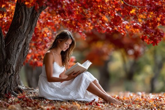 Young woman reading a book under vibrant autumn trees in a peaceful setting