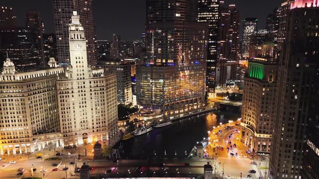 Aerial panorama of Chicago River showcasing downtown