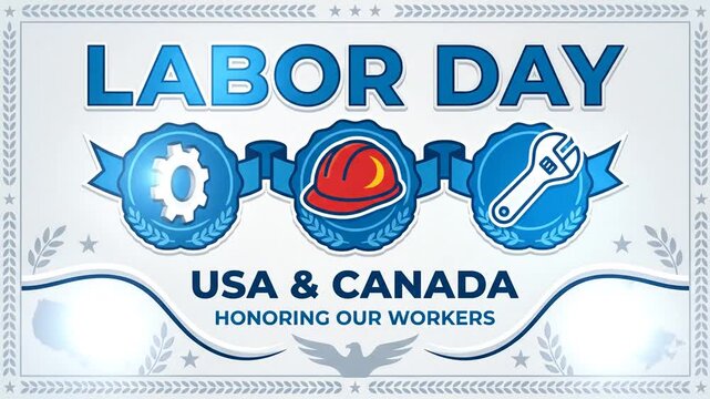 Labor day celebration greeting with worker tools and national symbols animation