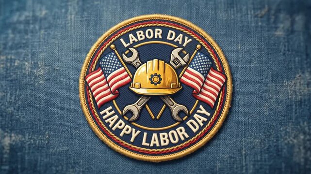 Labor Day embroidered patch with hard hat tools and flags on denim