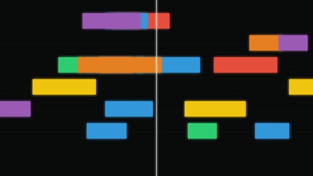 Abstract colorful rectangular blocks arranged in a horizontal timeline sequence on a black background representing video editing or project management interface design elements 4K Motion Video