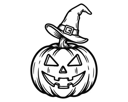 Vintage style jack o lantern with witch hat hand drawn illustration