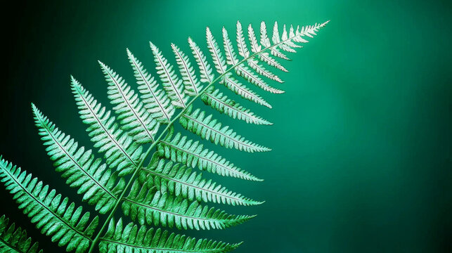Vibrant green fern frond with intricate details, set against a smooth, dark teal to green gradient background