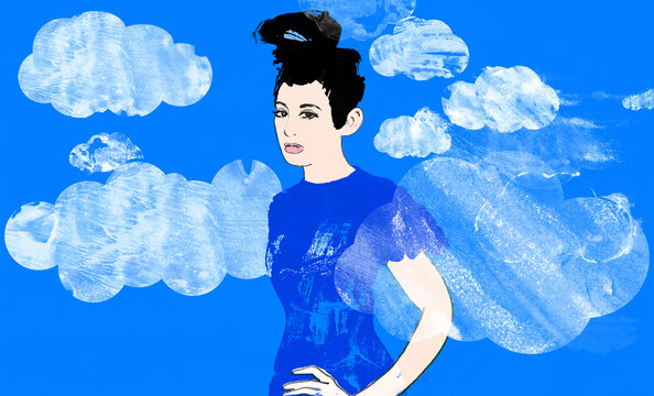 Woman wearing reflex blue color surrounded by small clouds