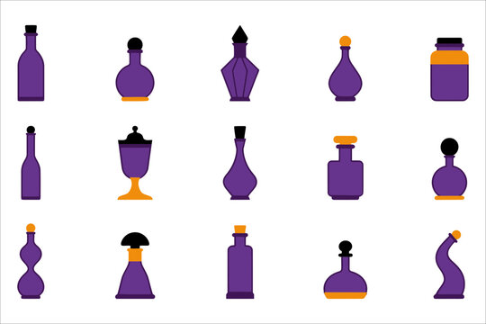 Collection of colorful potion bottles and vintage containers