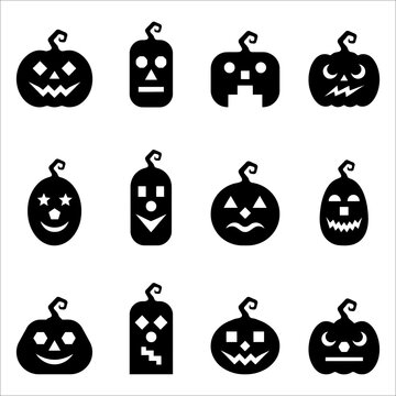 Black silhouette collection of various carved halloween jack o lantern faces