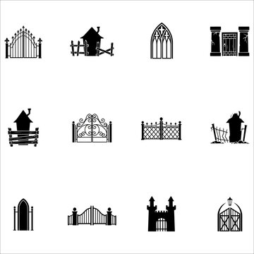 Collection of black silhouette icons depicting various gates and entrances