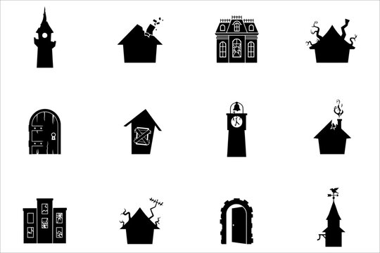 Collection of spooky halloween house silhouettes and architectural elements