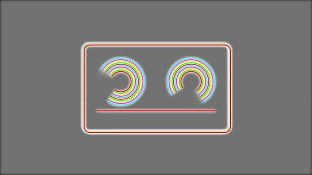 Retro music cassette tape icon with colorful neon rainbow lines on a grey background 4K Motion Video
