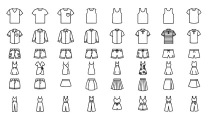 Casual Apparel and Summer Fashion Clothing Line Icon Set for E Commerce Retail Stores Virtual Wardrobe Apps Garment Manufacturing and Boutique Outfit Styling Designs