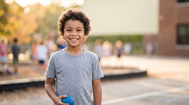 Joyful young boy with curly hair smiling holding a blue ball on a sunny day at school playground