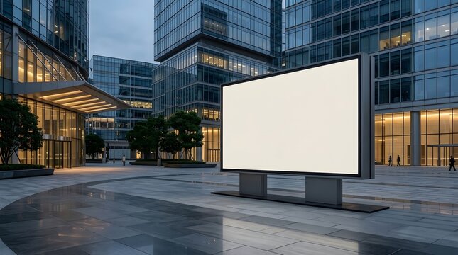 Billboard mockup, blank advertising and city street with corporate office buildings, urban poster and marketing display. Outdoor media, promotion and brand placement for business, finance and trade
