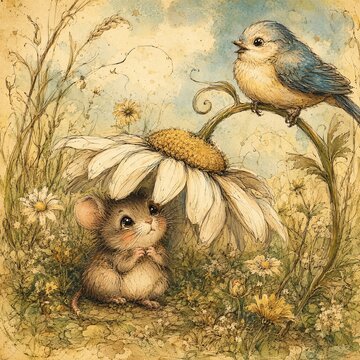 Field mouse under a daisy greeted by a singing bluebird