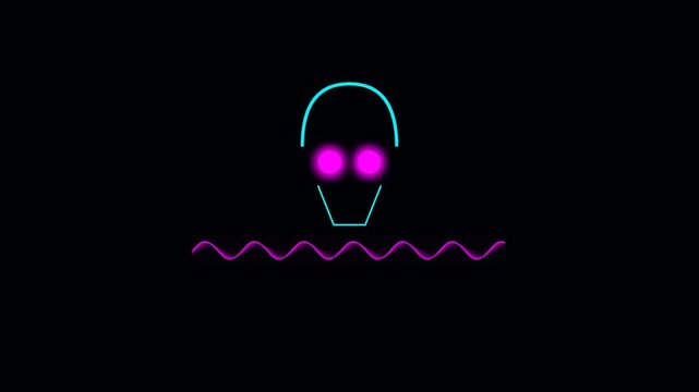 Abstract robot head outline with glowing neon eyes and wavy line on a dark background 4K Motion Video