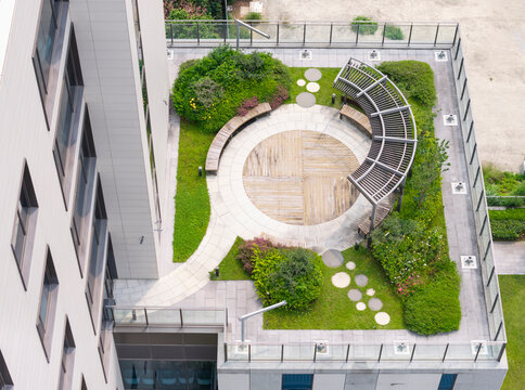 Aerial View Modern Residential Rooftop Garden with Circular Deck