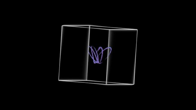 Abstract glowing purple scribble inside a simple white wireframe cube on a black background 4K Motion Video