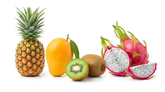 Assortment of fresh tropical fruits including pineapple, mango, kiwi and dragon fruit.