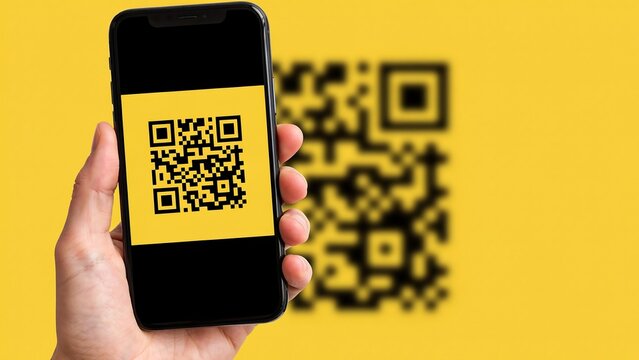 Hand holding smartphone scanning QR code on yellow background