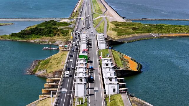 Aerial view of the Lorentz Sluices with traffic and road works in the Netherlands