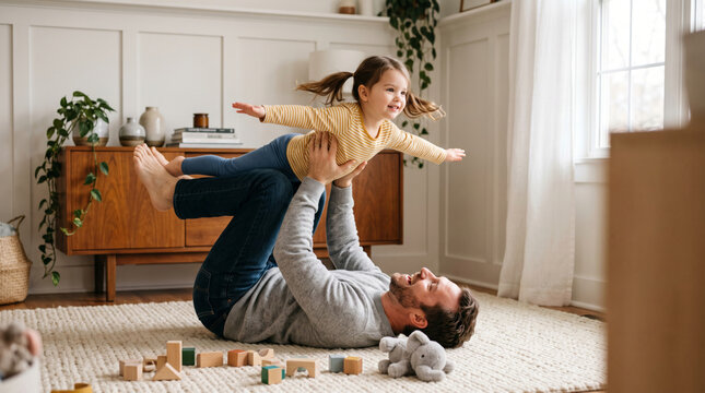 Father lifting daughter in the air playing airplane game at home