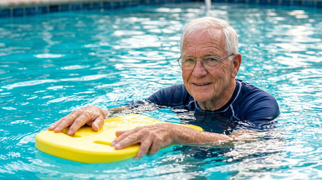 Elderly man smiling while swimming in a pool with a kickboard for exercise