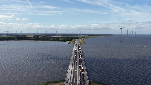 Aerial view of the Ketelbrug with a traffic jam on the A6 in the Netherlands