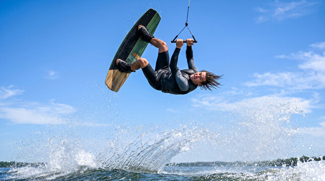 Wakeboarder performs aerial trick over splashing water under blue sky