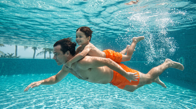 Father and son underwater in a swimming pool enjoying a summer day