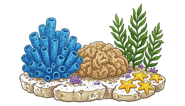 Underwater coral reef ecosystem with blue tube sponges brain coral starfish and green seaweed vector illustration (16 words).