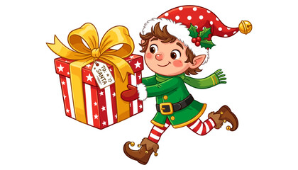Cute Christmas elf carrying a big present gift box for Santa vector illustration on white background.