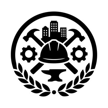 Labor Day construction emblem vector design with hard hat and tools