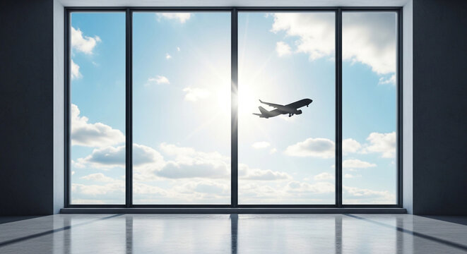 Silhouette of a passenger plane flying past a large window in a modern airport terminal on a sunny day