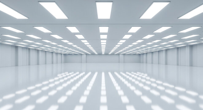Spacious empty white industrial hall with bright ceiling lights and glossy reflective floor for commercial use