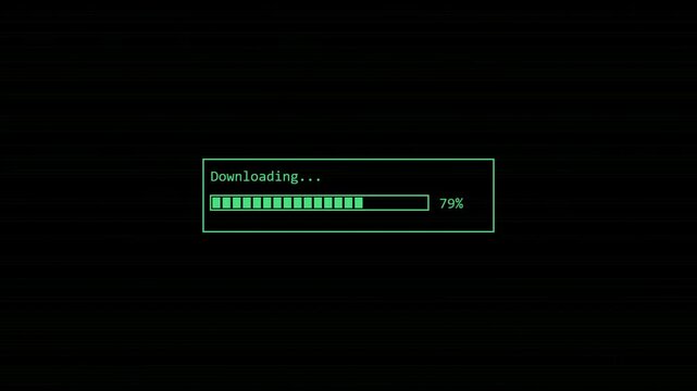 Green digital downloading progress bar showing seventy four percent complete on a dark black background 4K Motion Video
