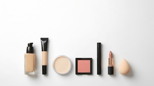 Set of various makeup products for face beauty including foundation lipstick and blush powder. beginner makeup tips