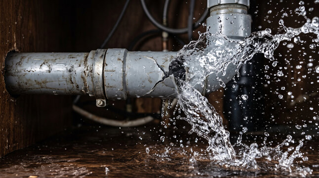 Close-up of a cracked PVC pipe spraying water, illustrating a plumbing emergency and home flood risk.